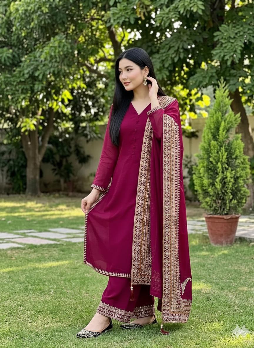 Dark Pink Roman Silk Embroidered 3 Piece Suit Set for Eid with Fancy Dupatta