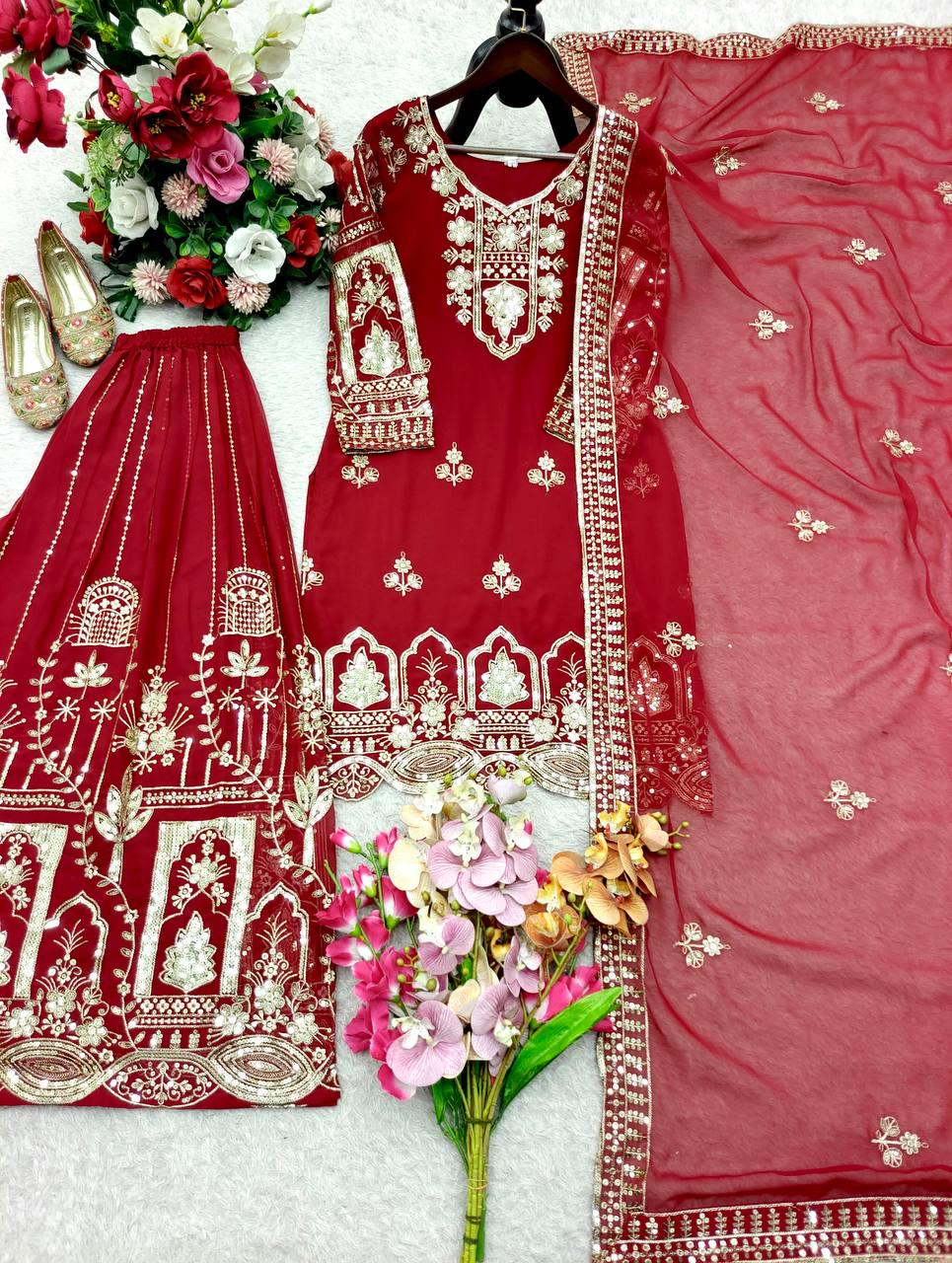 Pakistani Designer Maroon Embroidered Palazzo Suit Set with Dupatta