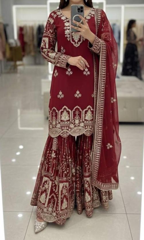 Pakistani Designer Maroon Embroidered Palazzo Suit Set with Dupatta