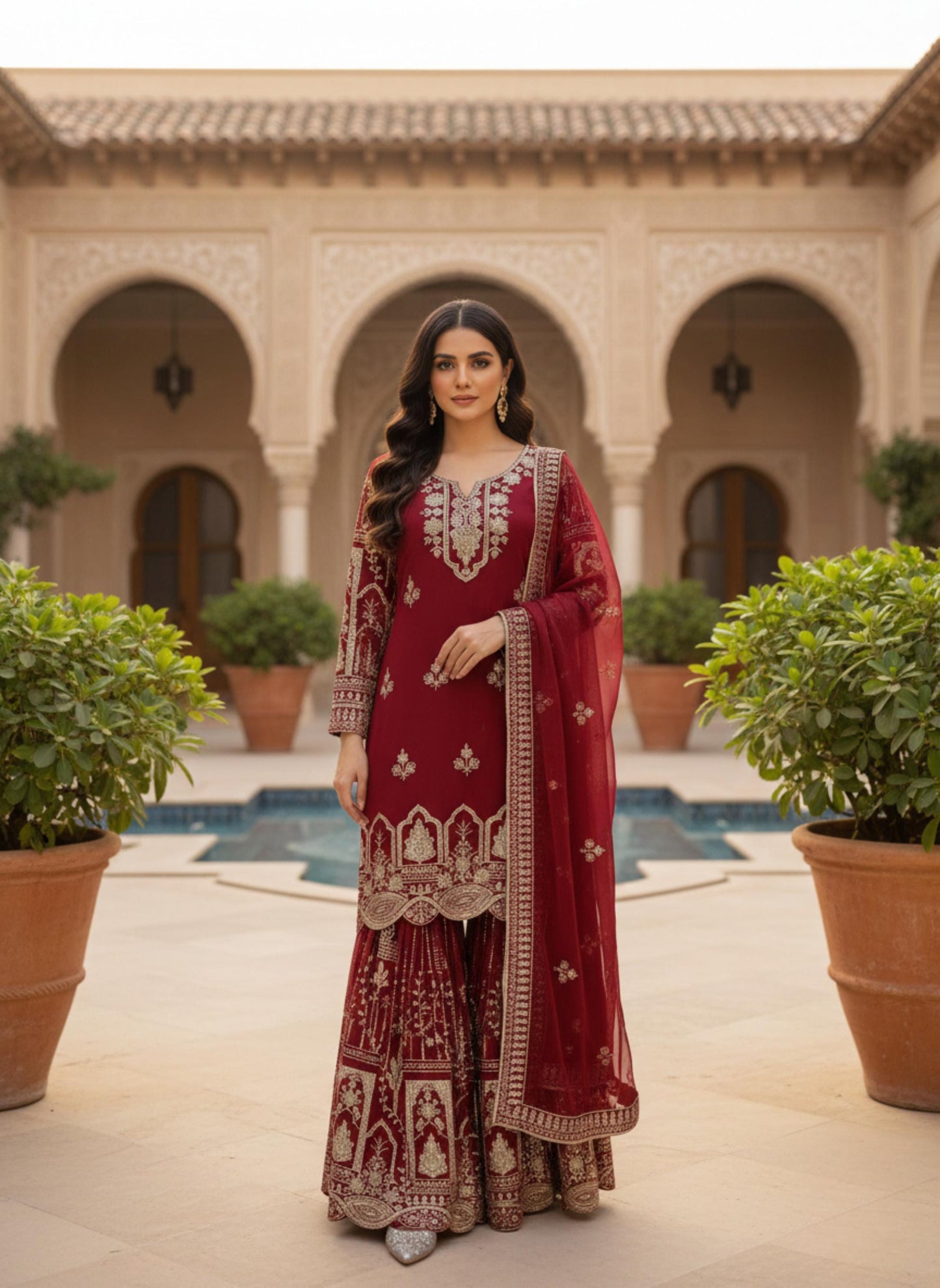 Pakistani Designer Maroon Embroidered Palazzo Suit Set with Dupatta