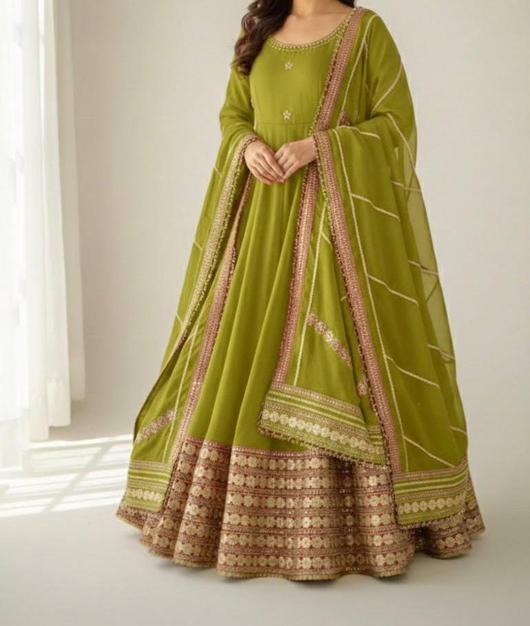 Olive Green Anarkali Gown with Embroidered Border & Dupatta For Women