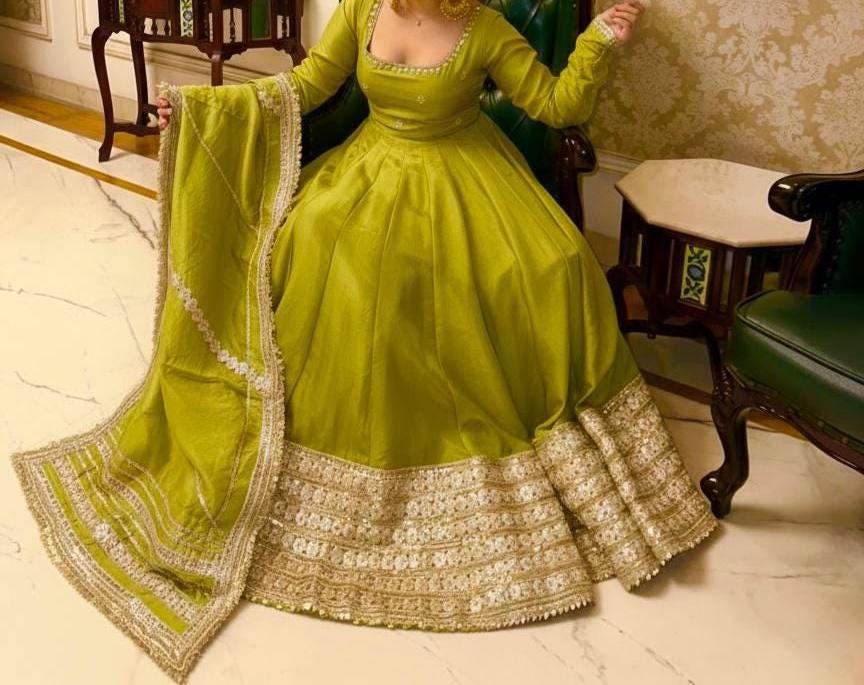 Olive Green Anarkali Gown with Embroidered Border & Dupatta For Women
