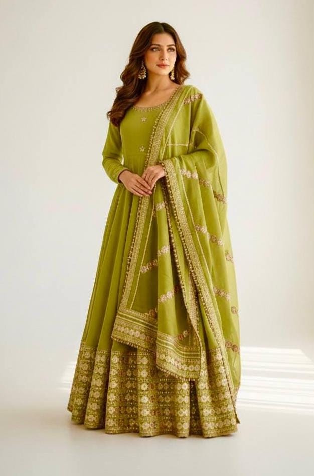 Olive Green Anarkali Gown with Embroidered Border & Dupatta For Women