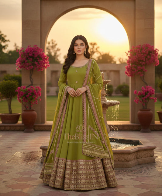 Olive Green Anarkali Gown with Embroidered Border & Dupatta For Women