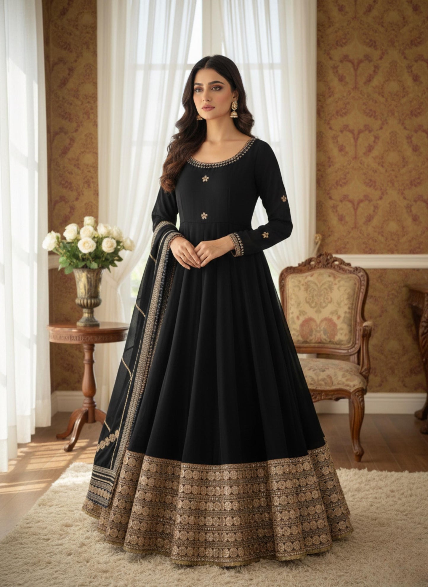 Black Silk Anarkali Suit with Embroidery & Dupatta