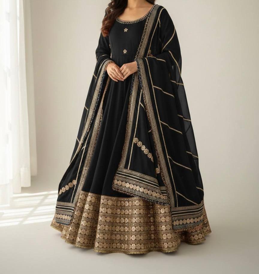 Black Silk Anarkali Suit with Embroidery & Dupatta