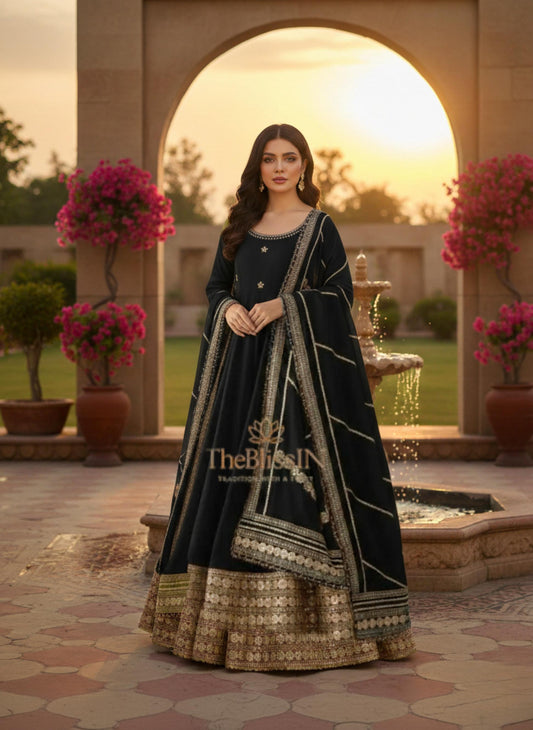 Black Silk Anarkali Suit with Embroidery & Dupatta