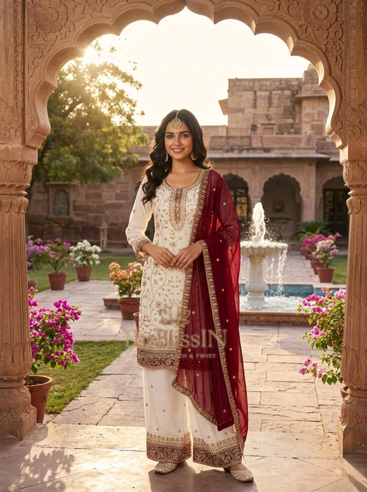 Heavy Faux Georgette Embroidered Palazzo Suit Set with Dupatta