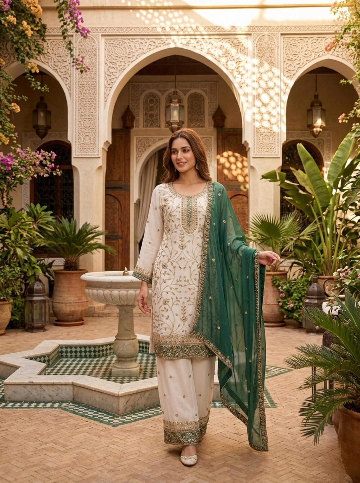 White Georgette Kurta Palazzo Set With Green Dupatta Suit