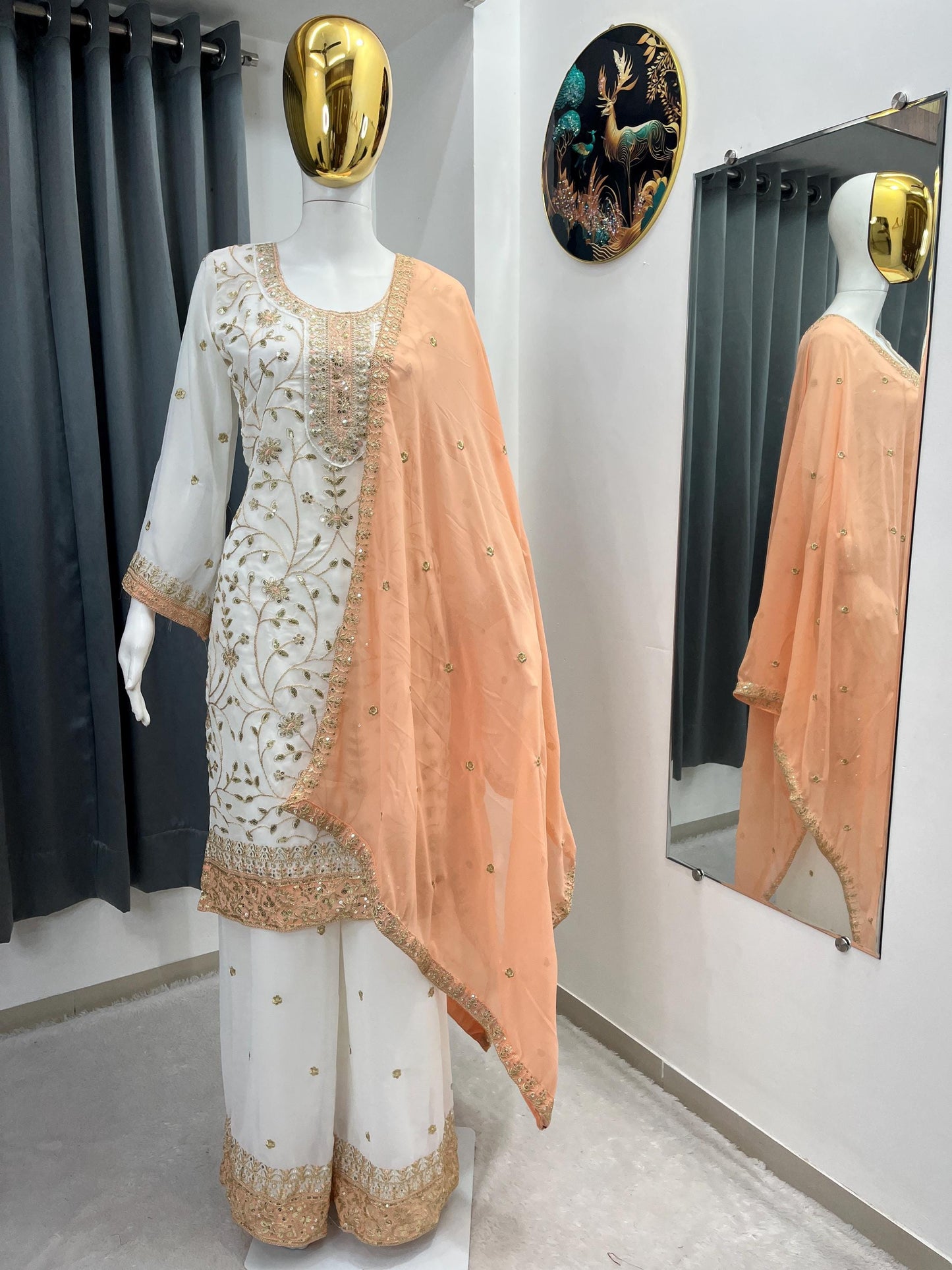 Designer Georgette White Kurta & Palazzo With Peach Dupatta