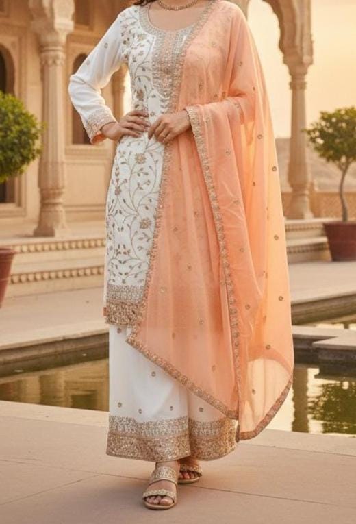 Designer Georgette White Kurta & Palazzo With Peach Dupatta