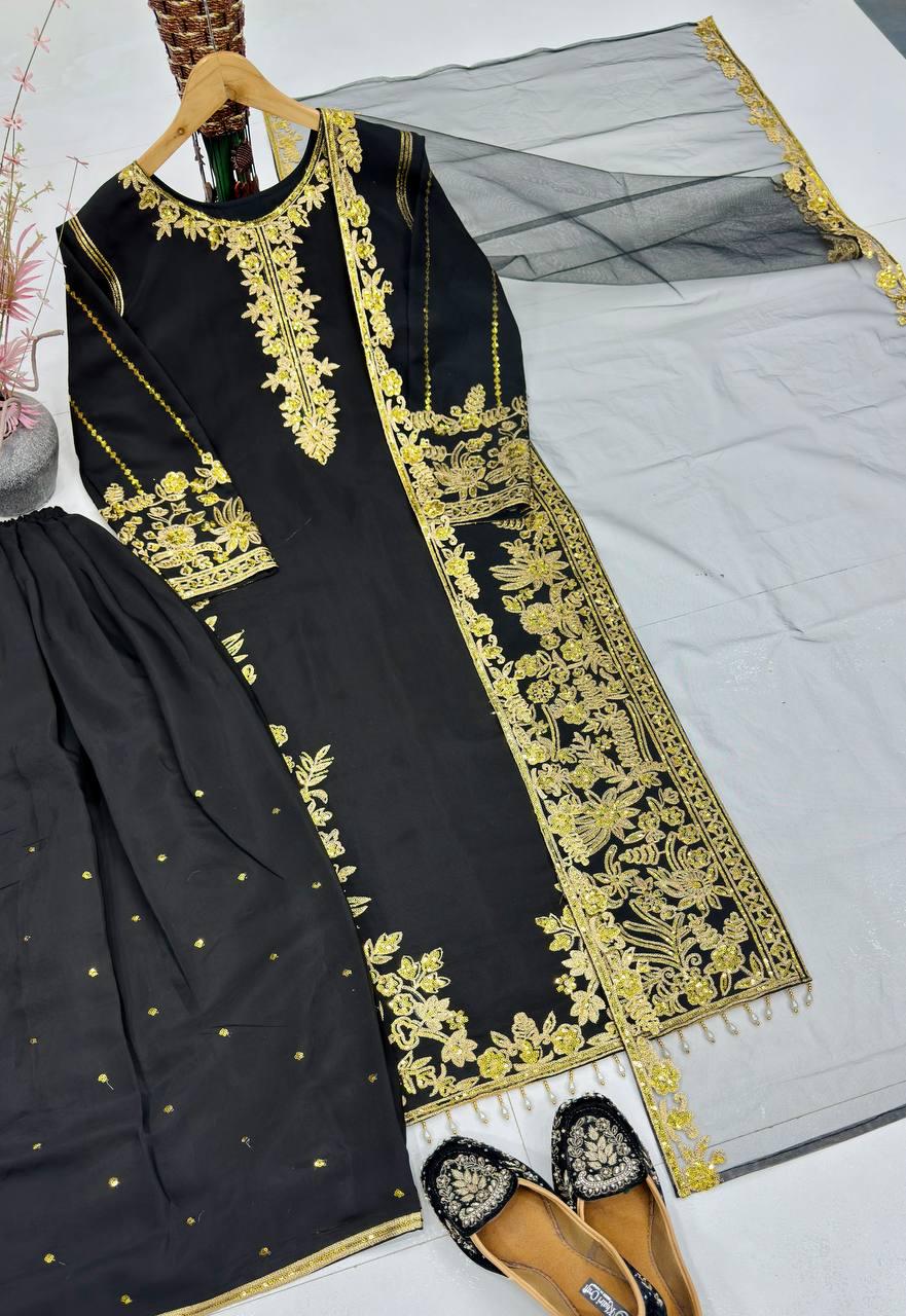 Embroidered Roman Silk 3 Piece Suit Set with Net Dupatta – Eid Party Wear