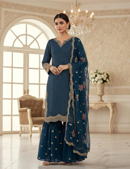 Designer Blue Women’s Heavy Embroidery Sharara Suit with Dupatta