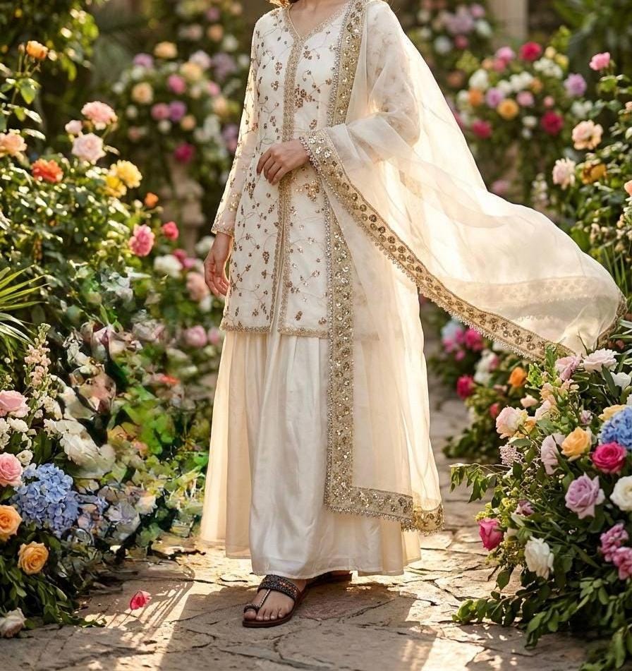 Elegant White With Heavy Gold Embroidery Traditional Palazzo Suit for Women
