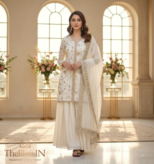 Elegant White With Heavy Gold Embroidery Traditional Palazzo Suit for Women