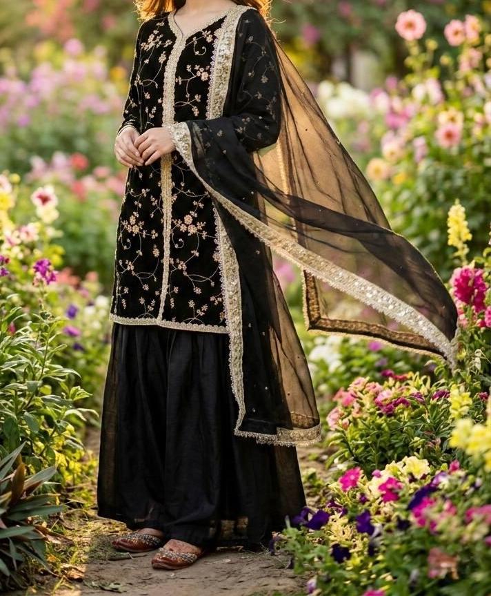 Black Fandy Silk Palazzo Suit with Heavy Embroidery and Dupatta
