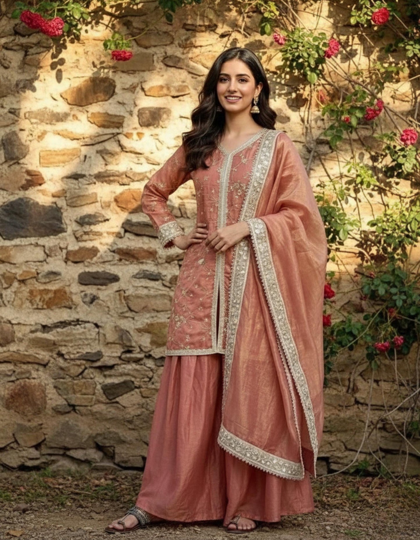 Designer Peach Party Wear Palazzo Suit  with Embroidered Dupatta