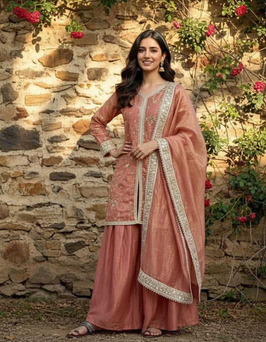Designer Peach Party Wear Palazzo Suit  with Embroidered Dupatta