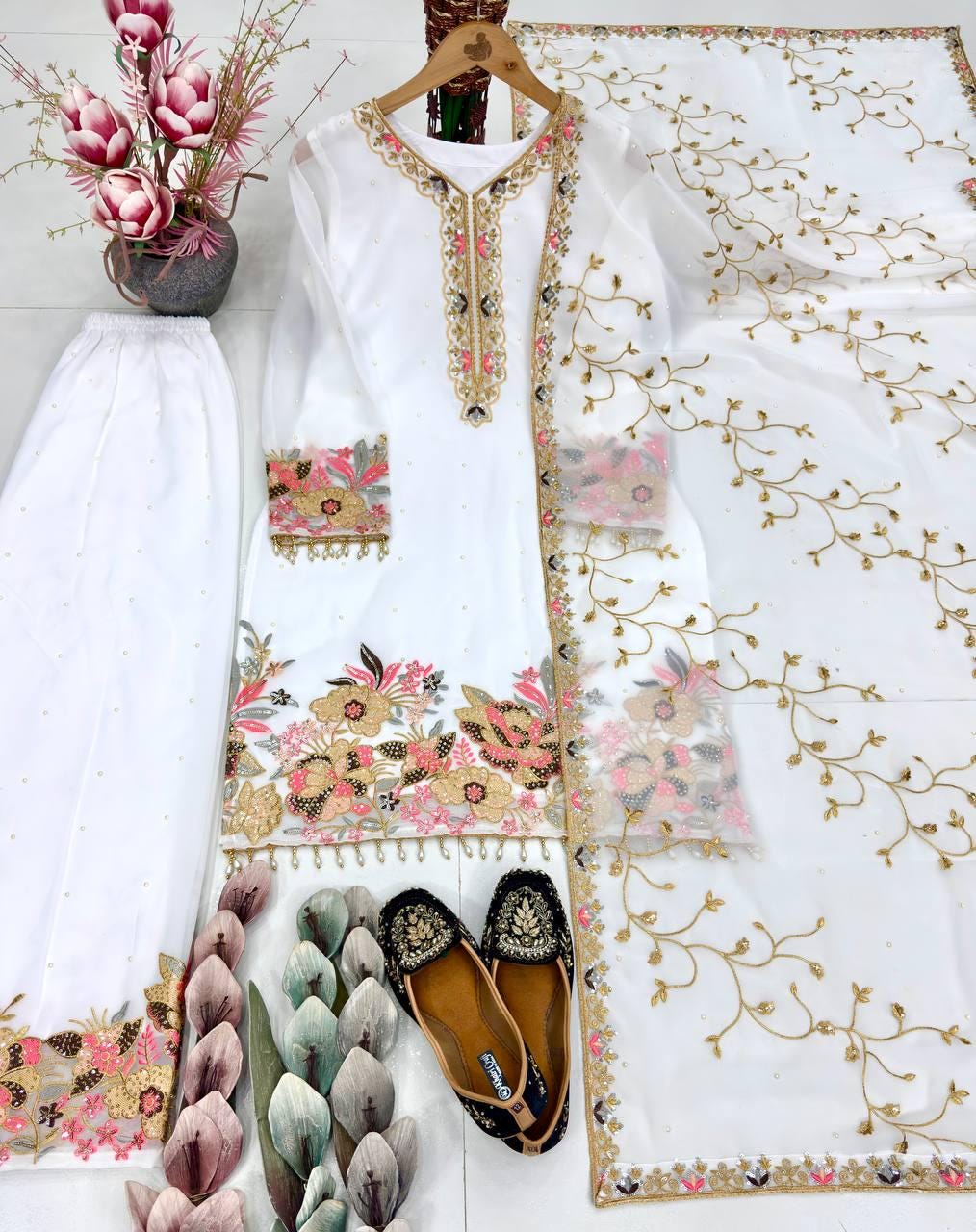 White Floral Embroidered Straight Suit Set with Dupatta