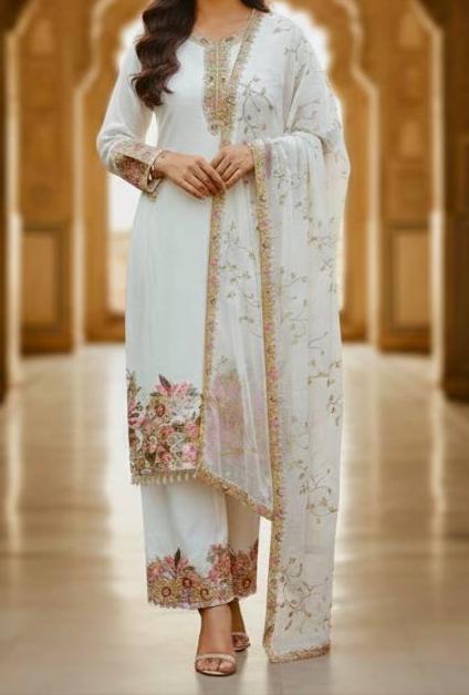 White Floral Embroidered Straight Suit Set with Dupatta