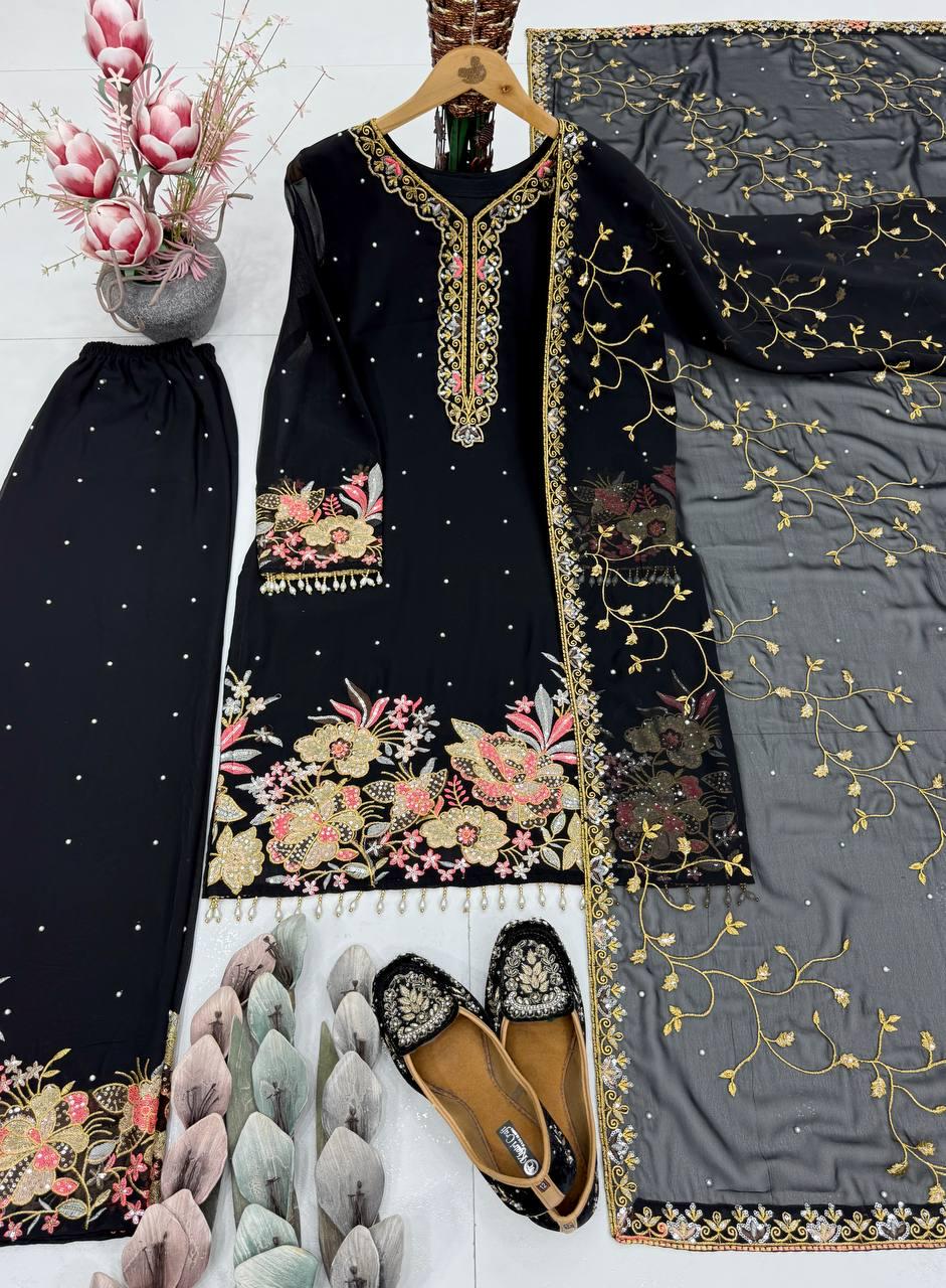 Designer Black Eid Special Heavy Embroidery Sequence Work 3-Piece Suit Set