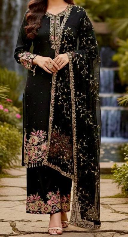 Designer Black Eid Special Heavy Embroidery Sequence Work 3-Piece Suit Set