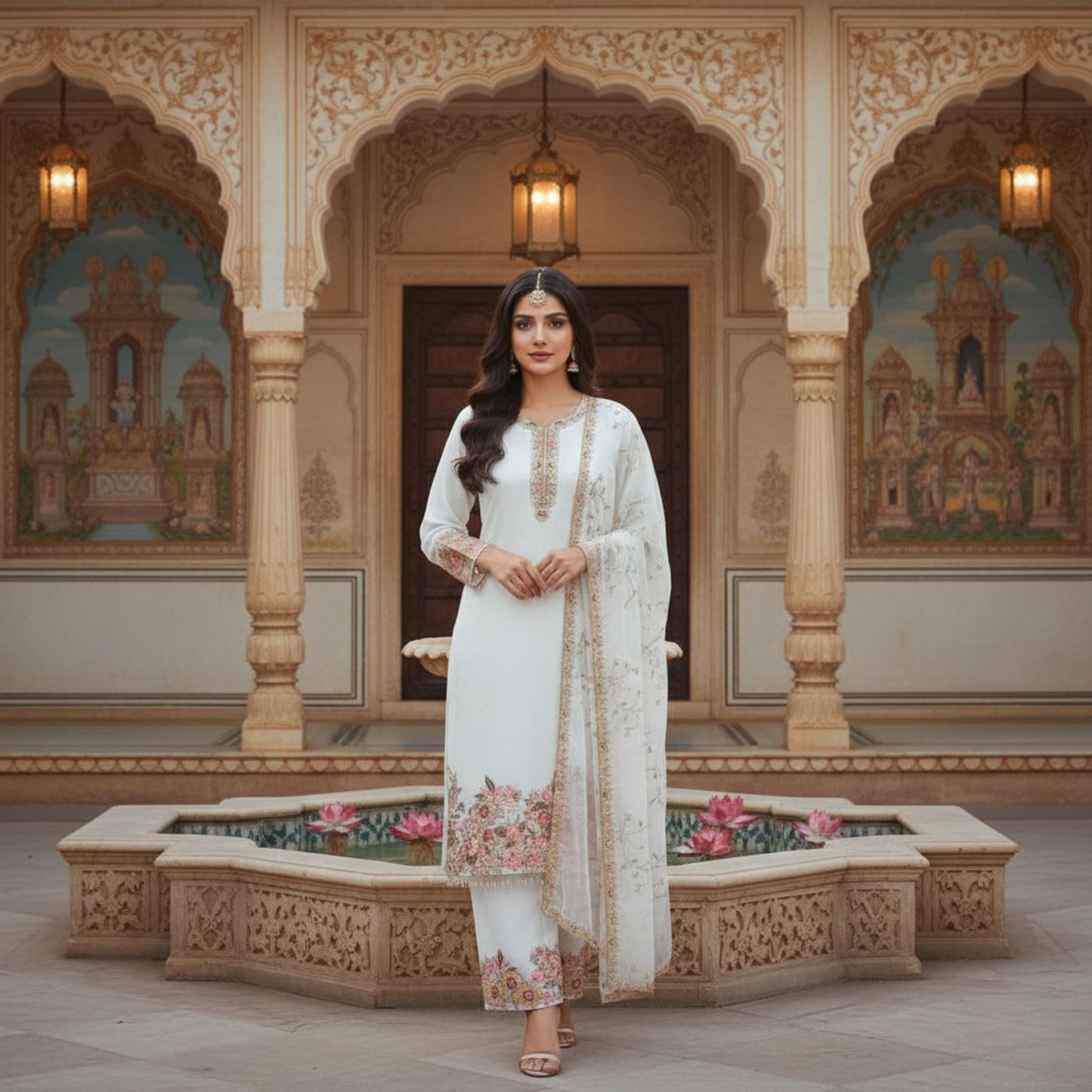 White Floral Embroidered Straight Suit Set with Dupatta
