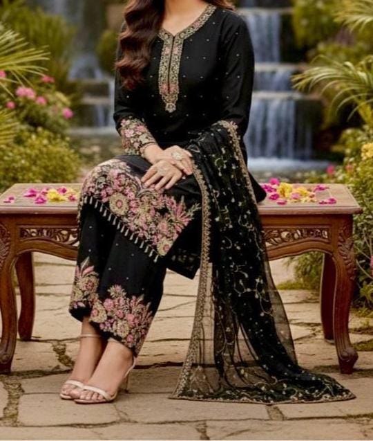 Designer Black Eid Special Heavy Embroidery Sequence Work 3-Piece Suit Set