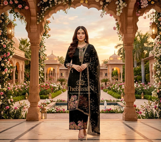 Designer Black Eid Special Heavy Embroidery Sequence Work 3-Piece Suit Set