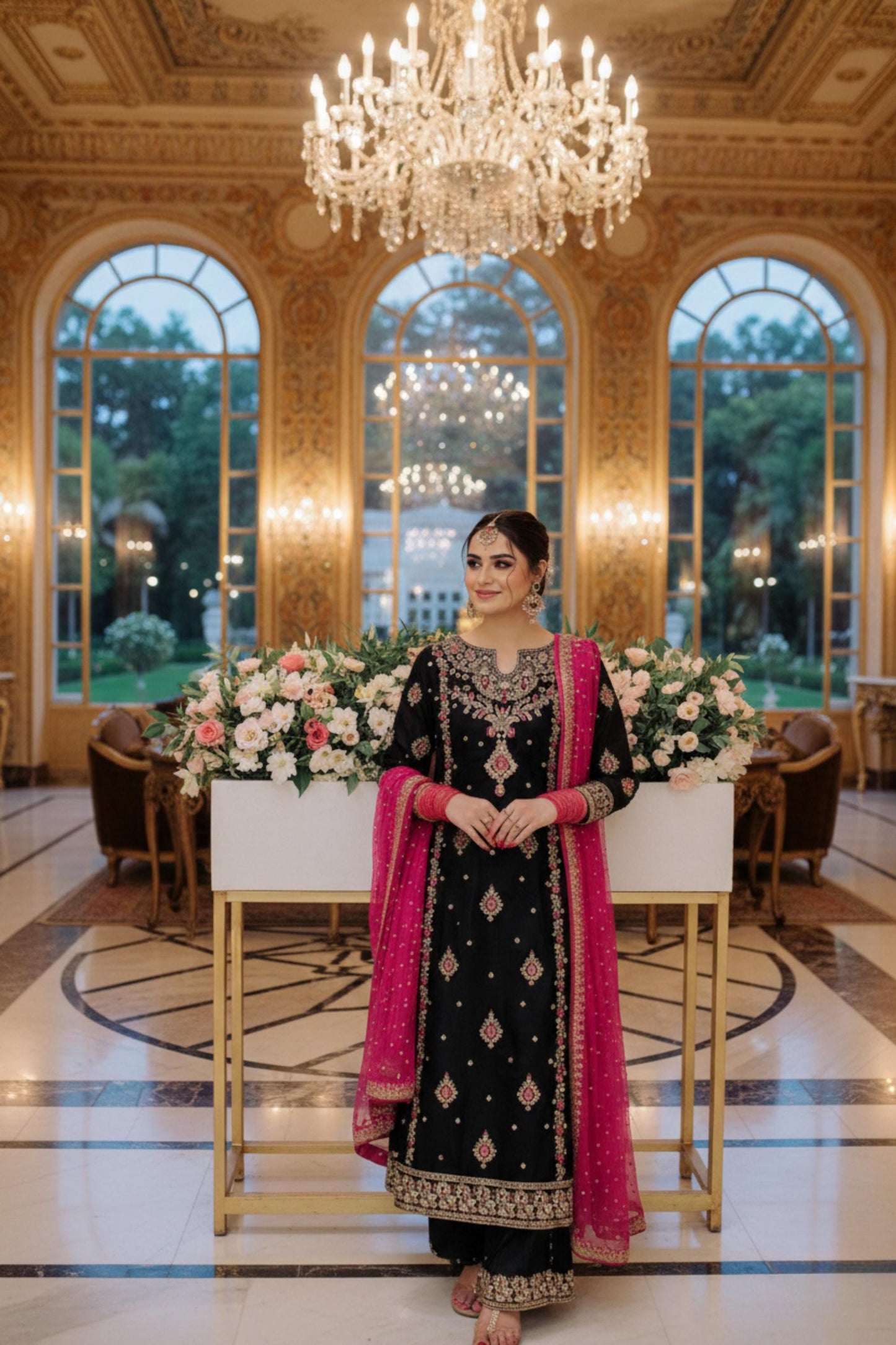 Designer Black Georgette Pakistani-Style Kameez and Trouser Suit With Pink Dupatta