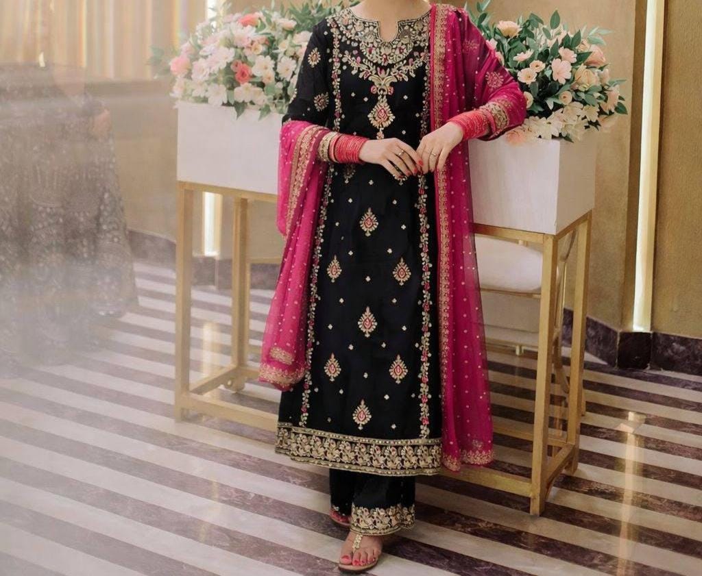 Designer Black Georgette Pakistani-Style Kameez and Trouser Suit With Pink Dupatta