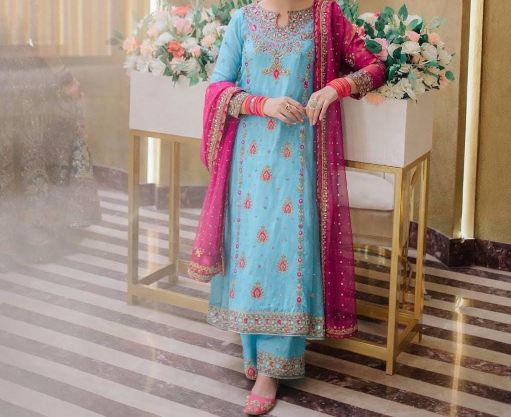 Punjabi Styled 3-Piece Embroidered Palazzo Suit Ethnic Dress