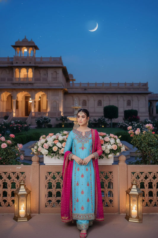 Punjabi Styled 3-Piece Embroidered Palazzo Suit Ethnic Dress