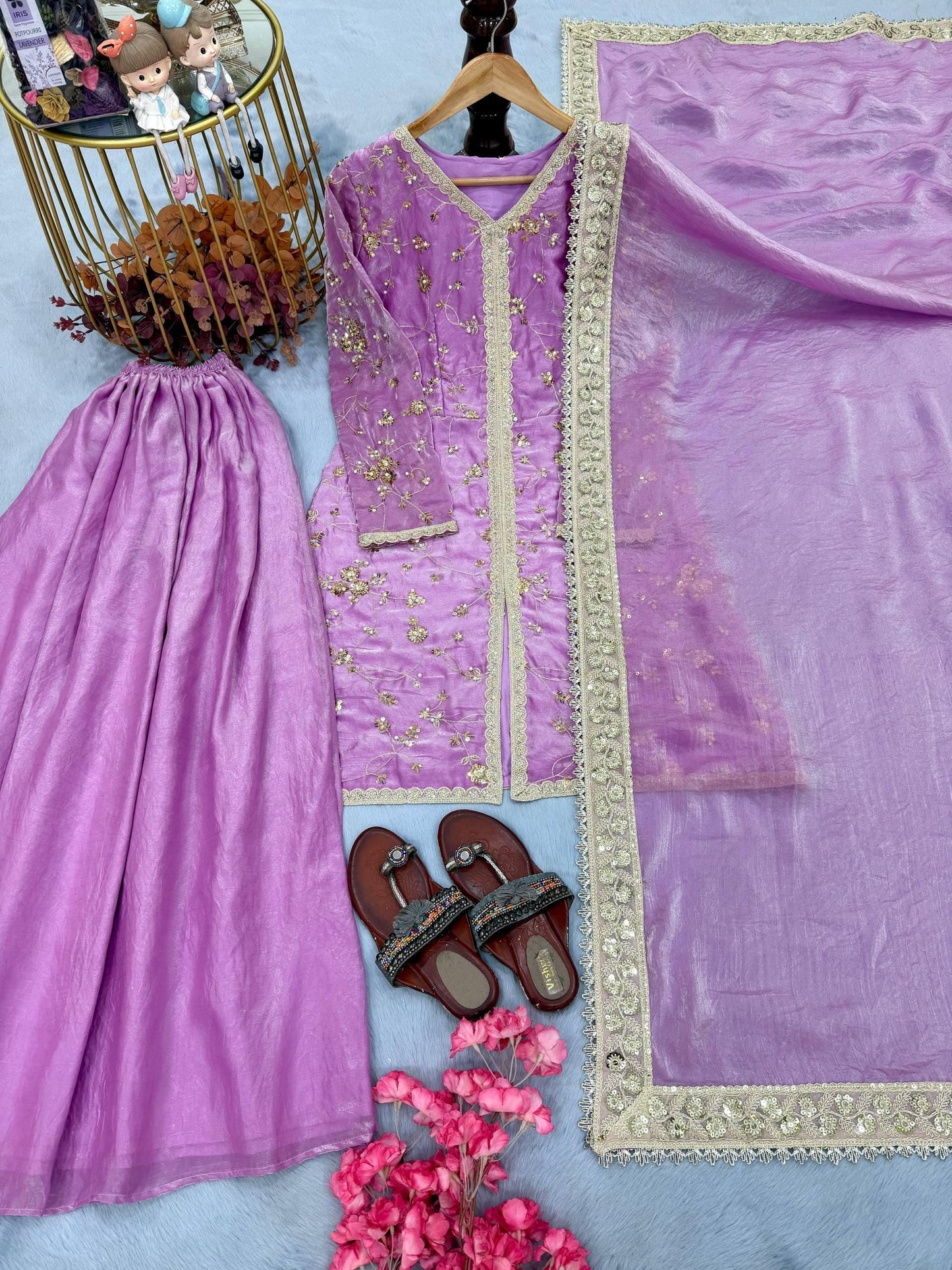 Elegant Lavender Palazzo Suit with Lace Dupatta
