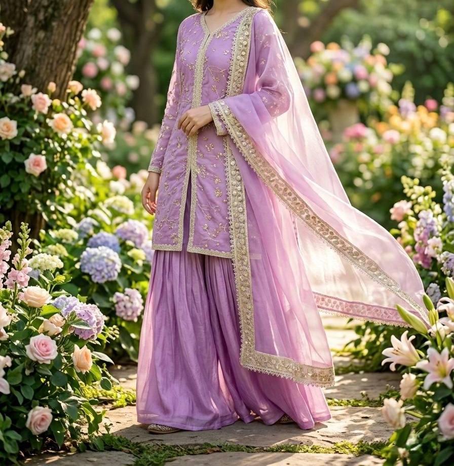 Elegant Lavender Palazzo Suit with Lace Dupatta