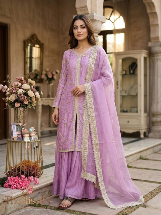 Elegant Lavender Palazzo Suit with Lace Dupatta