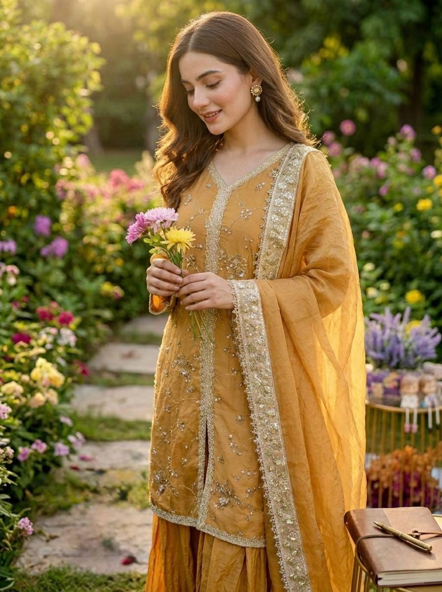 Mustard Traditional Palazzo Suit With Matching Dupatta  for Women