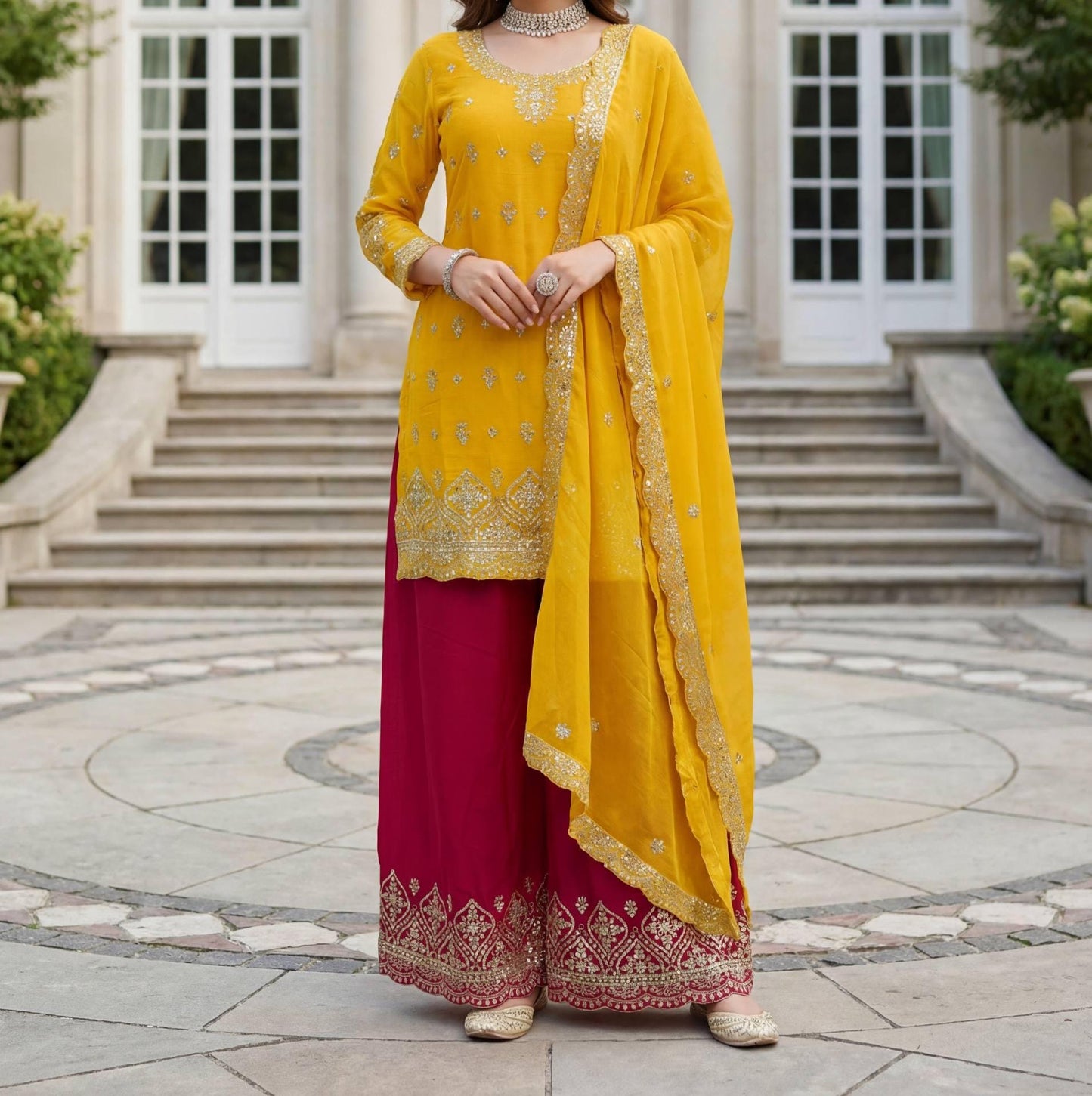 Yellow Chinon Silk Palazzo Salwar Suit with Embroidery Work