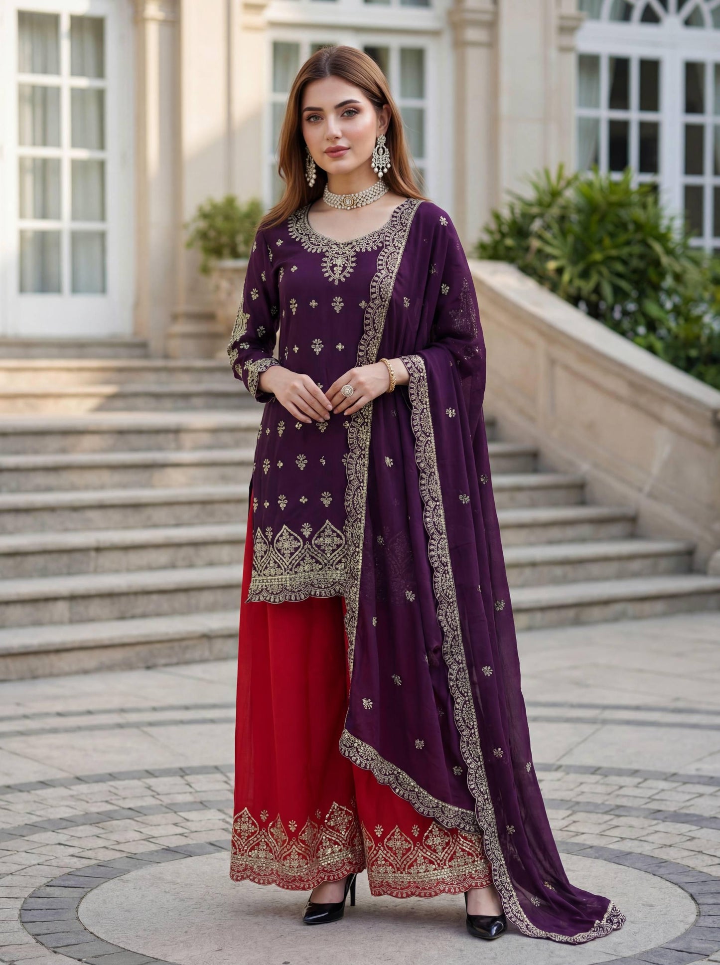 Yellow Chinon Silk Palazzo Salwar Suit with Embroidery Work