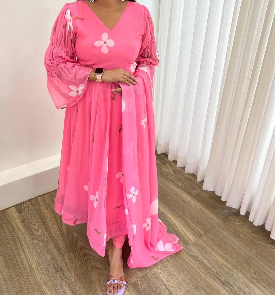 Georgette Pink Anarkali & Palazzo With Dupatta