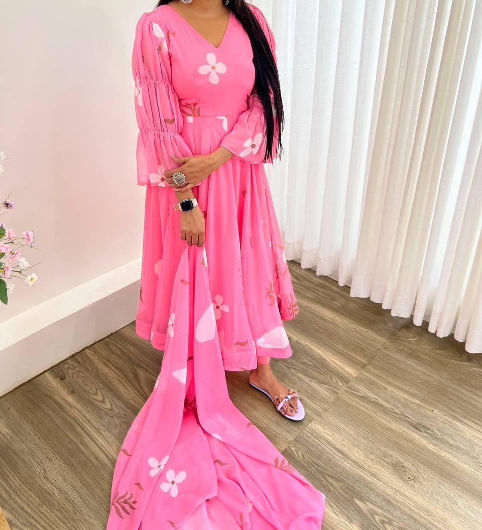 Georgette Pink Anarkali & Palazzo With Dupatta