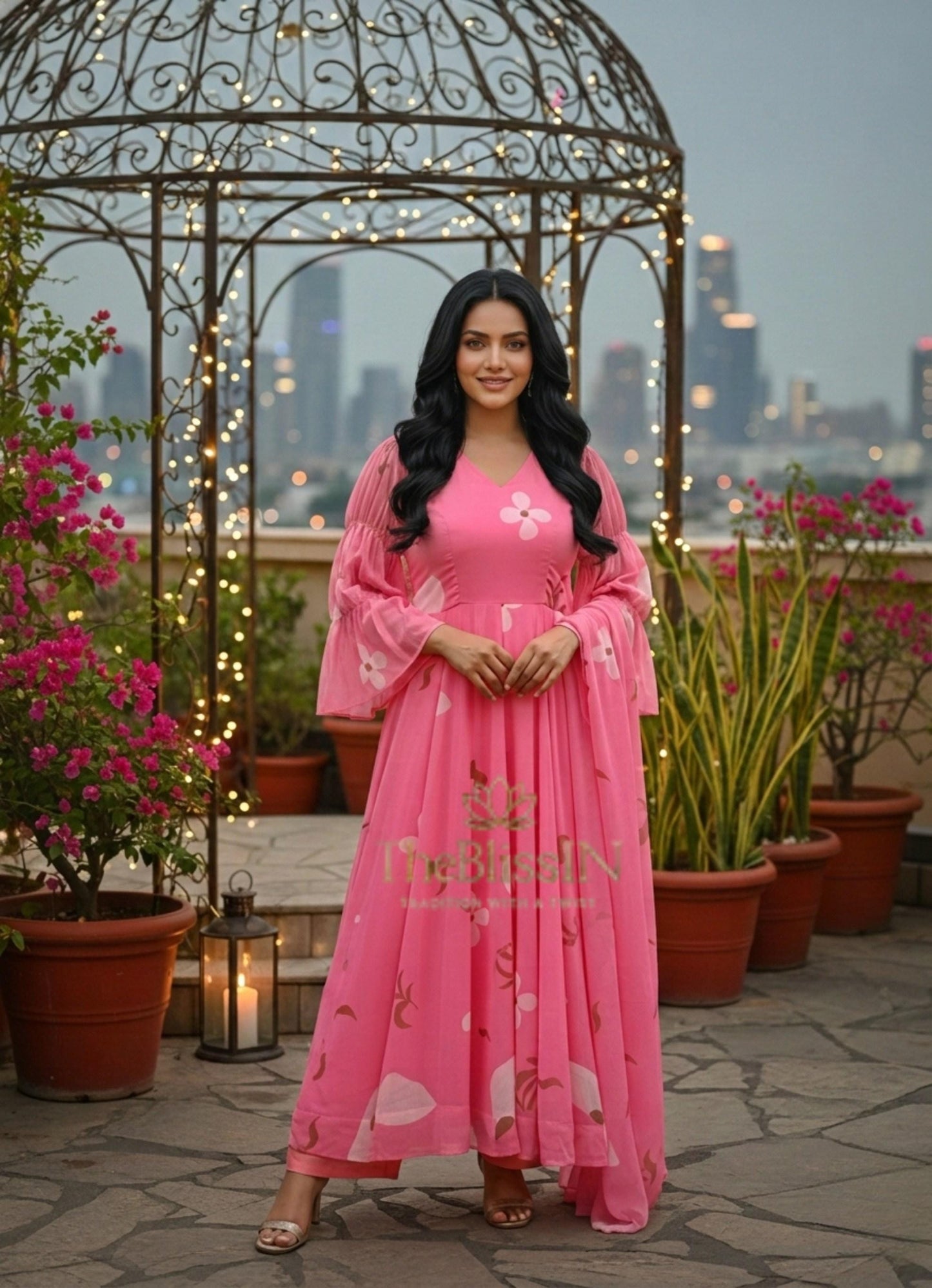 Georgette Pink Anarkali & Palazzo With Dupatta