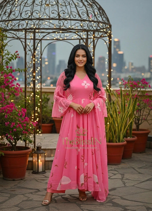 Georgette Pink Anarkali & Palazzo With Dupatta