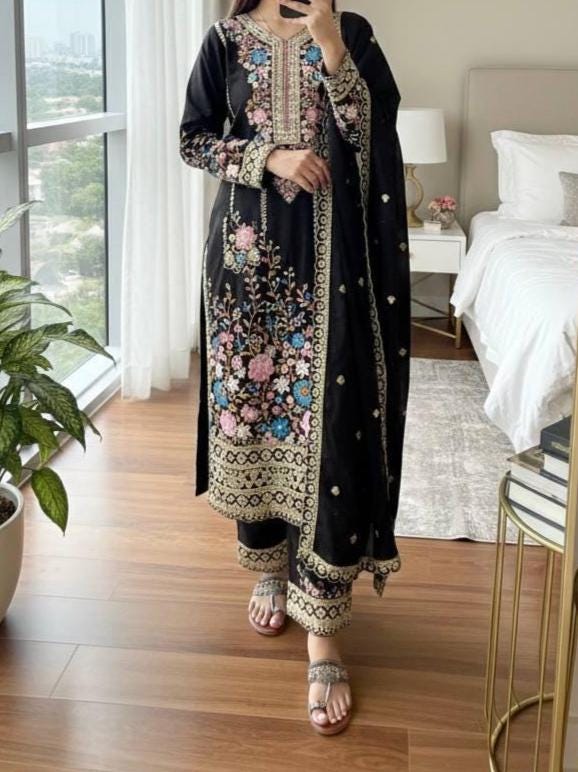 Black Indian Designer Silk Long Kurta & Palazzo With Dupatta