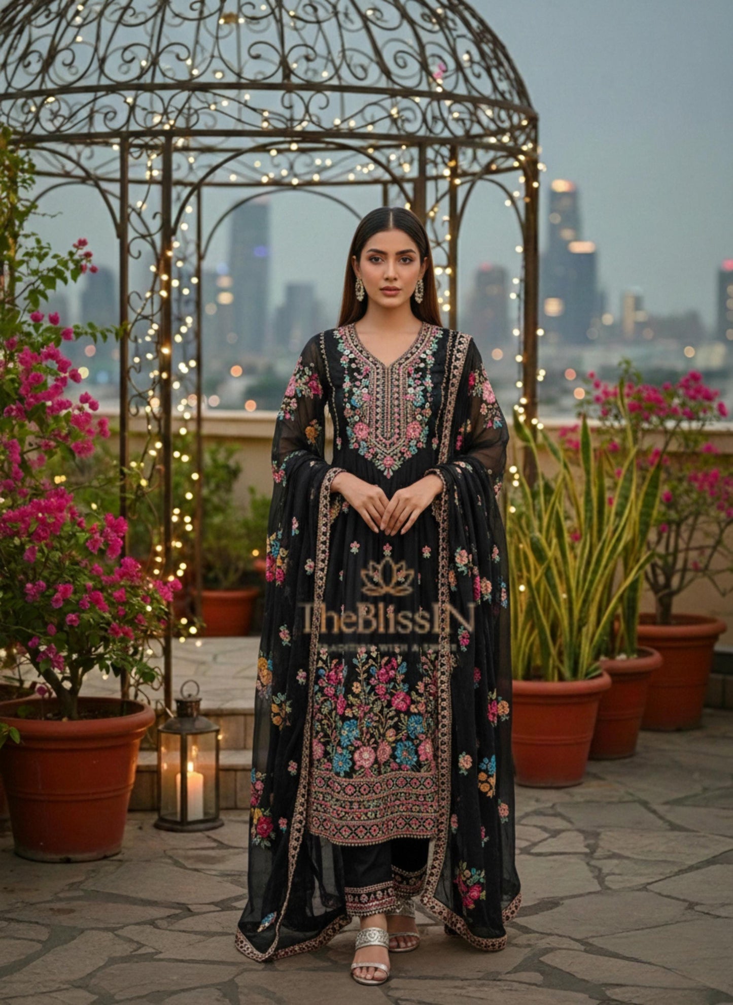 Black Indian Designer Silk Long Kurta & Palazzo With Dupatta