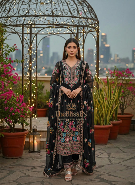 Black Indian Designer Silk Long Kurta & Palazzo With Dupatta