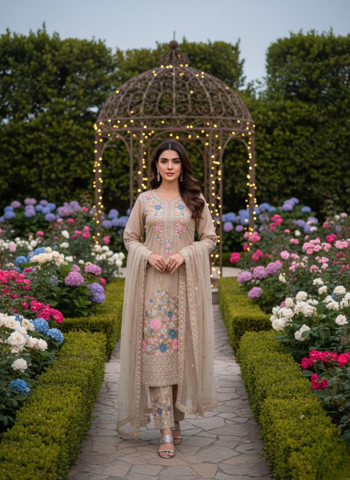 Floral Embroidery Kurta Palazzo Set with Dupatta – for Women