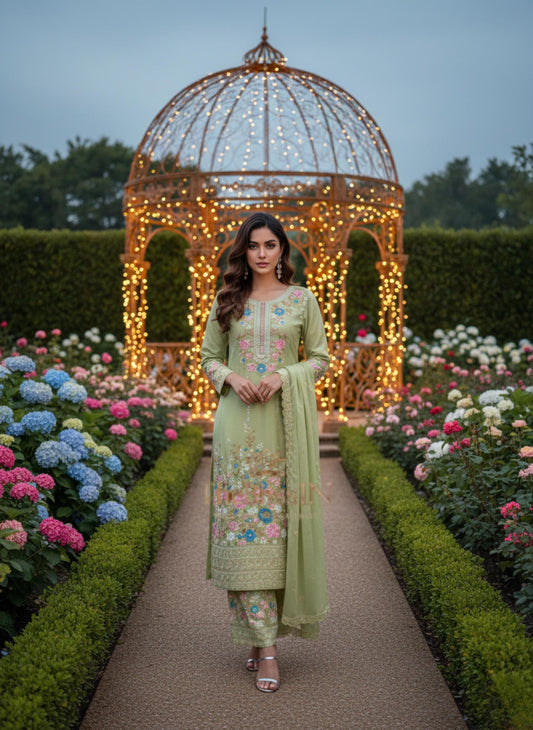 Floral Embroidery Kurta Palazzo Set with Dupatta – for Women