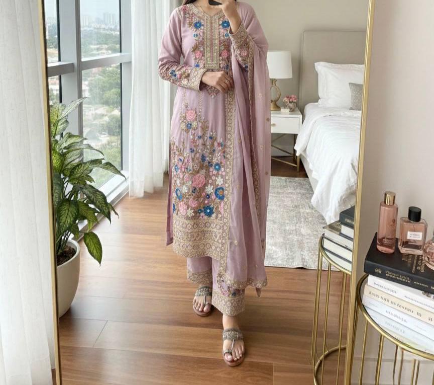 Floral Embroidery Kurta Palazzo Set with Dupatta – for Women