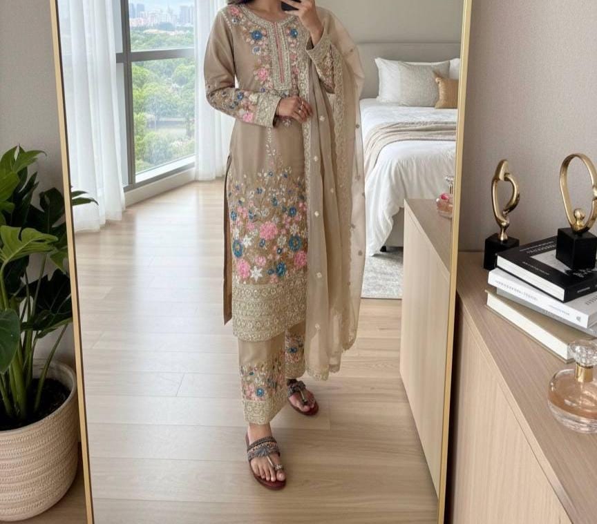 Floral Embroidery Kurta Palazzo Set with Dupatta – for Women
